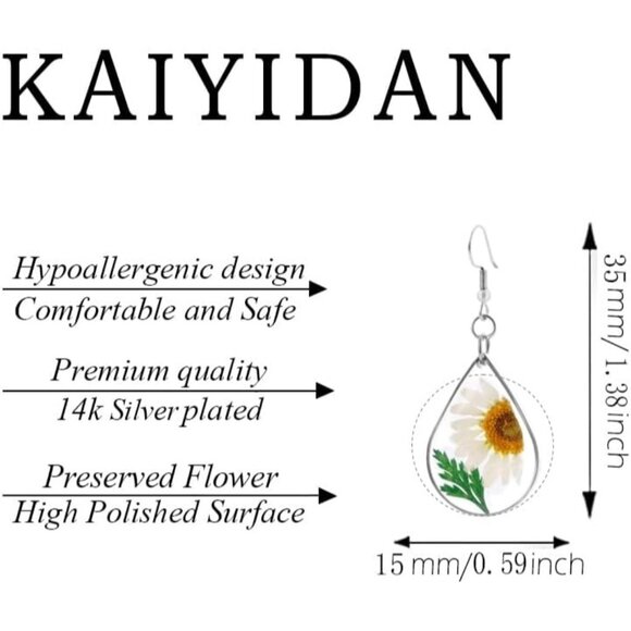 Preserved Mums Flower Teardrop Vintage Long Summer Earring for Women Jewelry - Picture 4 of 9